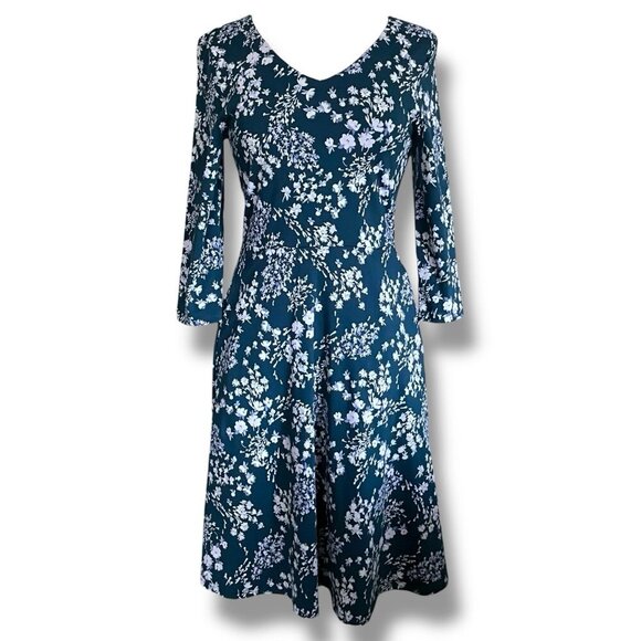 Pact Organic Womens Party Dress Sz Small Dark Teal Blue White Floral Midi V-neck - Picture 2 of 8